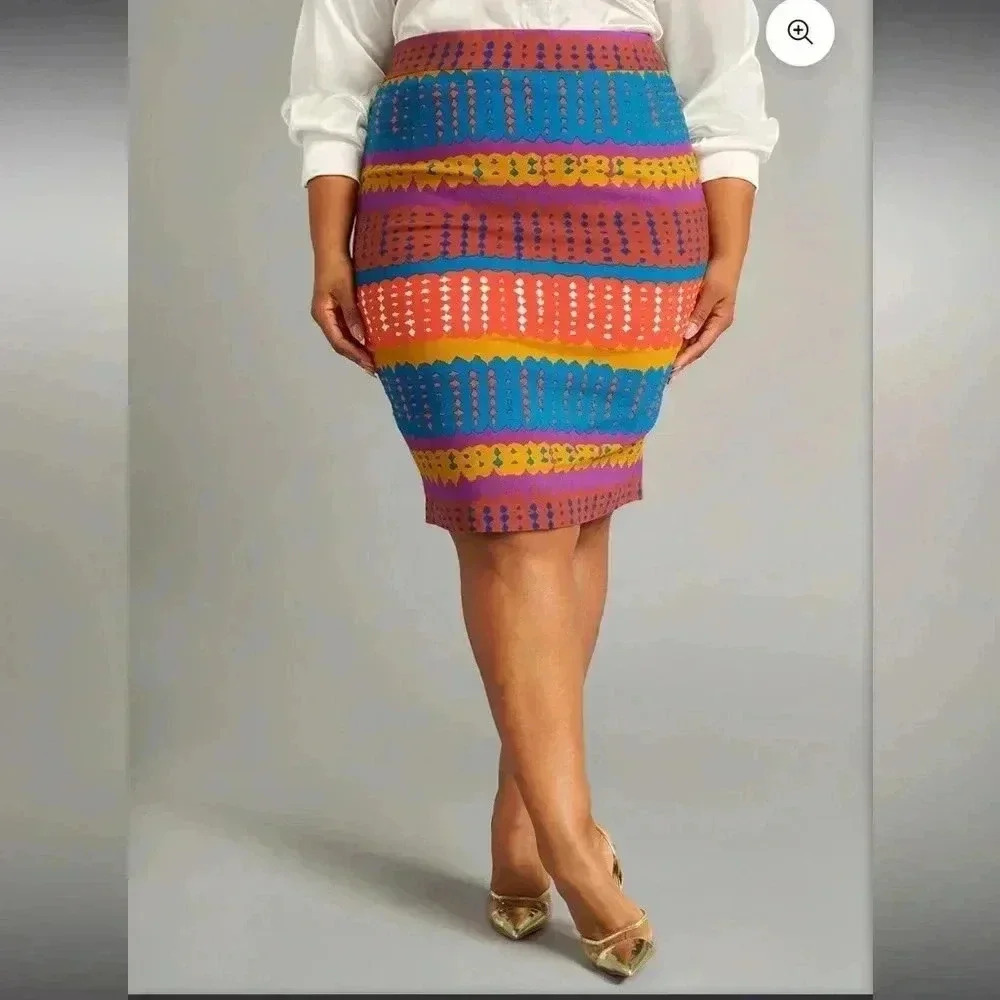 D’iyanu Hadiza Orange Teal Adire Afircan Print Stretch Pencil Skirt Size 1X